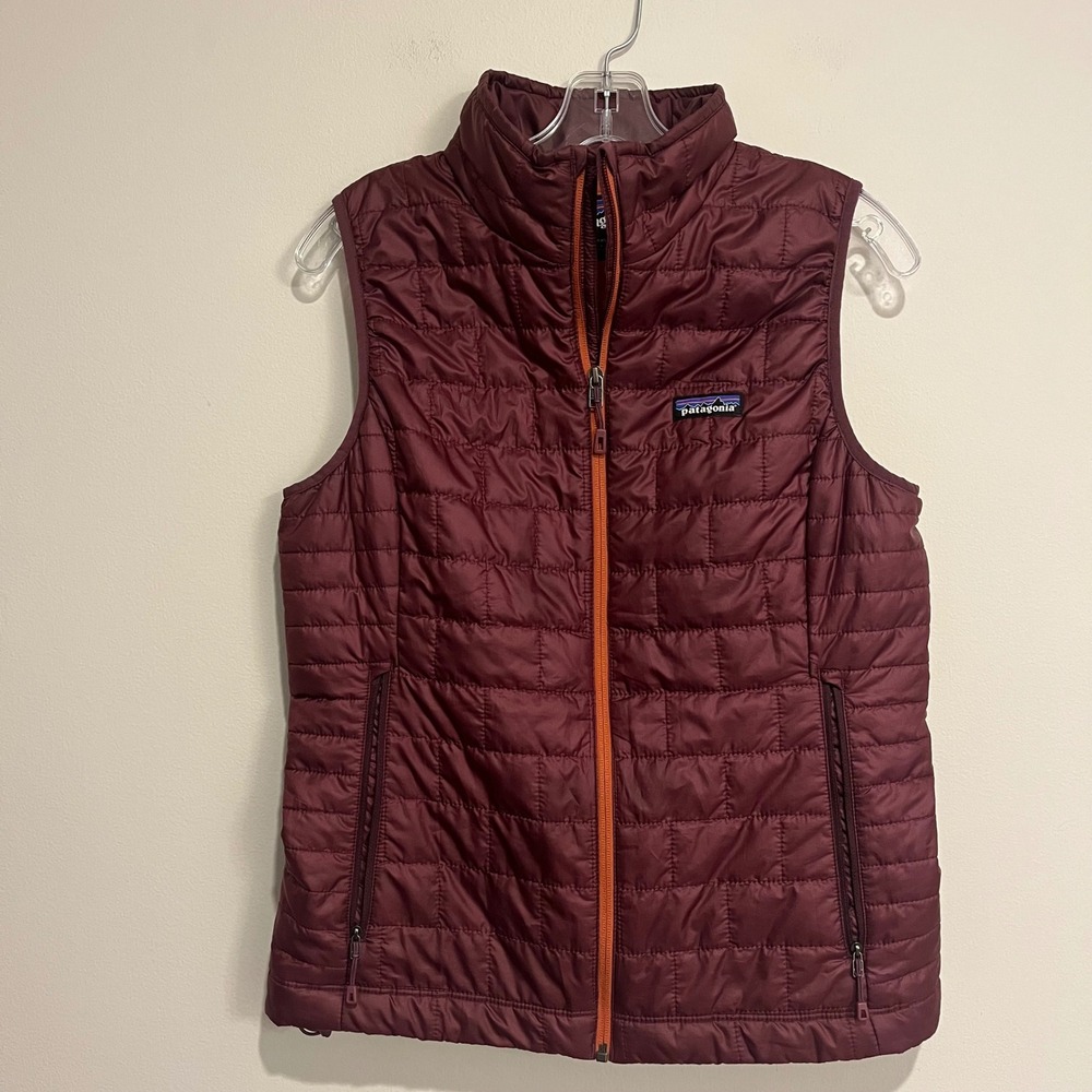Patagonia Nano Tech Women's Maroon Quilted Vest with Orange Trim